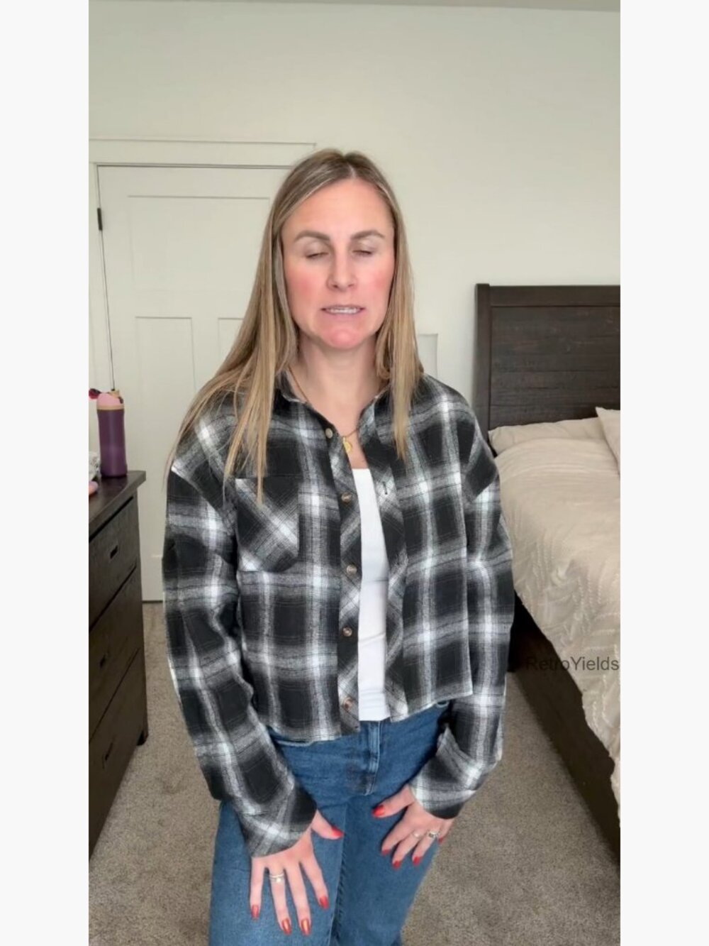 Crop Flannel Button Down Shirt Women Loose Long Sleeve Plaid Blouse - Picture 5 of 6